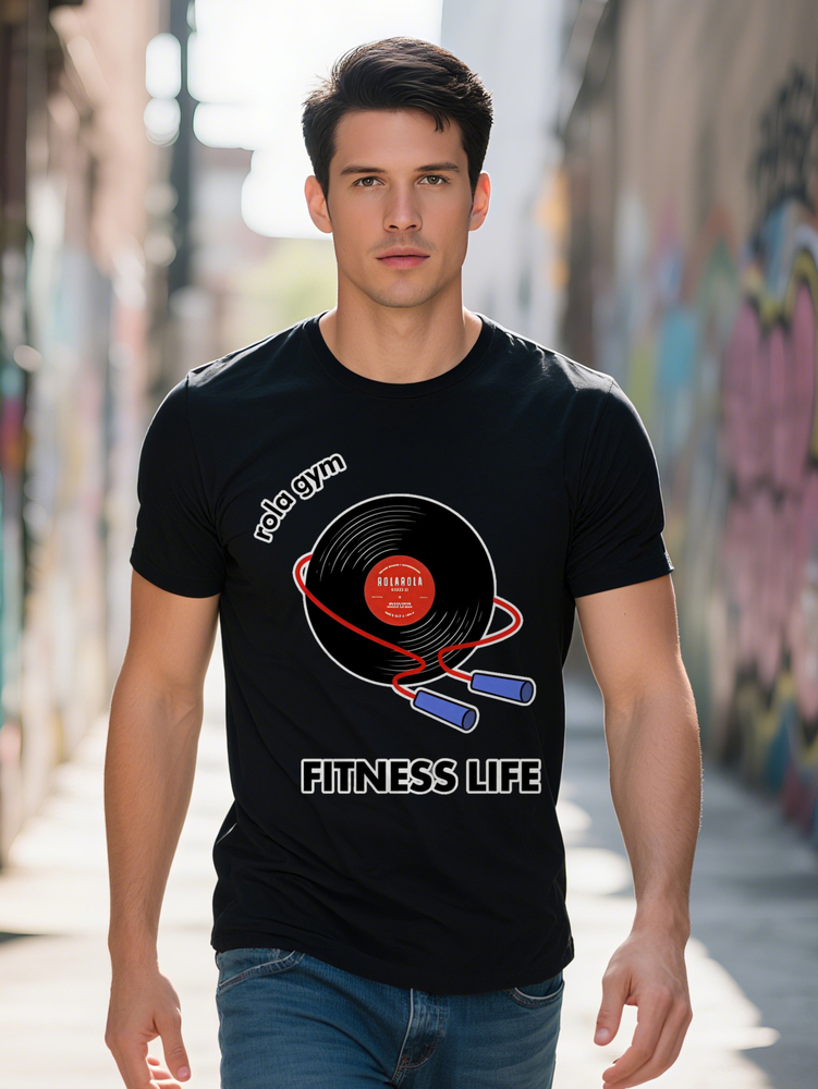 Graphic T Shirt Retro Vinyl Record Fiess Life Design Black with RedWhite Print Breathable Round Neck Summer Tee for