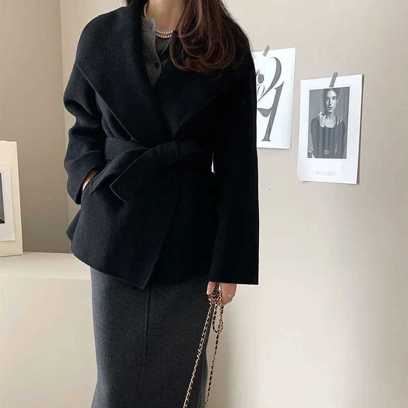 MEXZT Elegant Wool Blends Coats Women Black Bandage Woolen Jackets Winter Ladies Commute Outerwear Korean Fashion Overcoat New Z250813