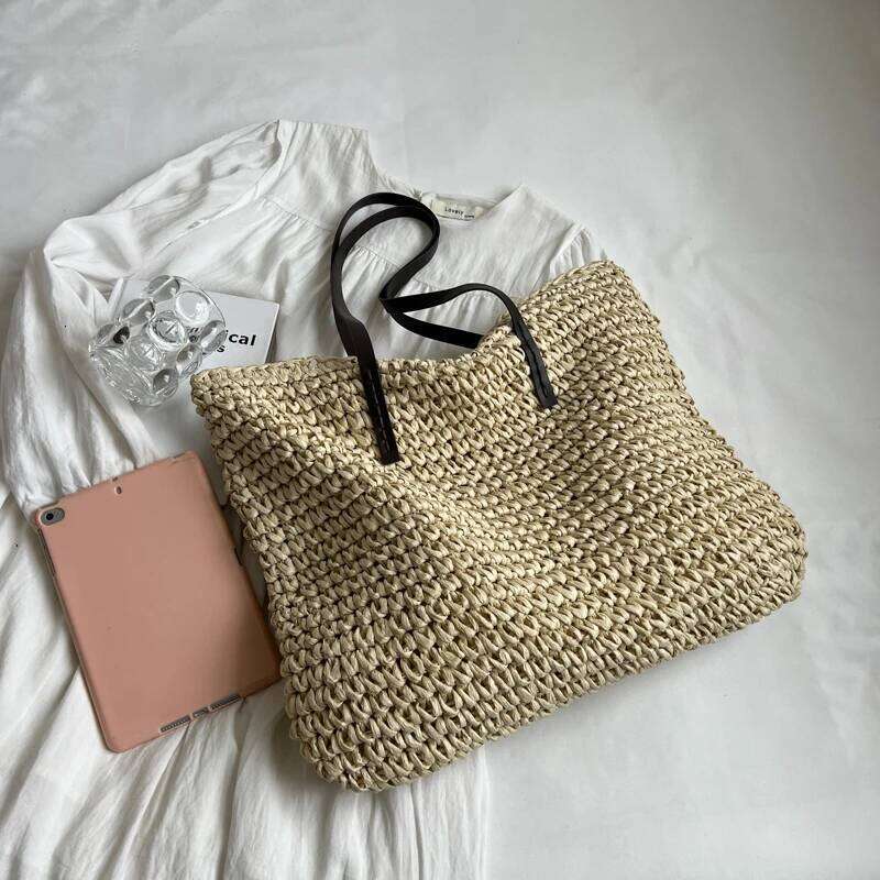MOODS Design Straw Woven Tote Bags For Women Large Capacity Shoulder Beach Bag Pure Color Summer New Big Shopping Handbag