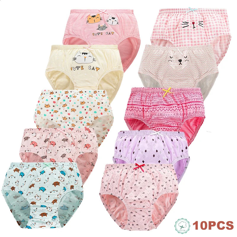 510Pieces Cotton Panties For Girls Cute Cat Print Plaid Children Triangle Underwear Comfortable Breathable Toddler Briefs 250812