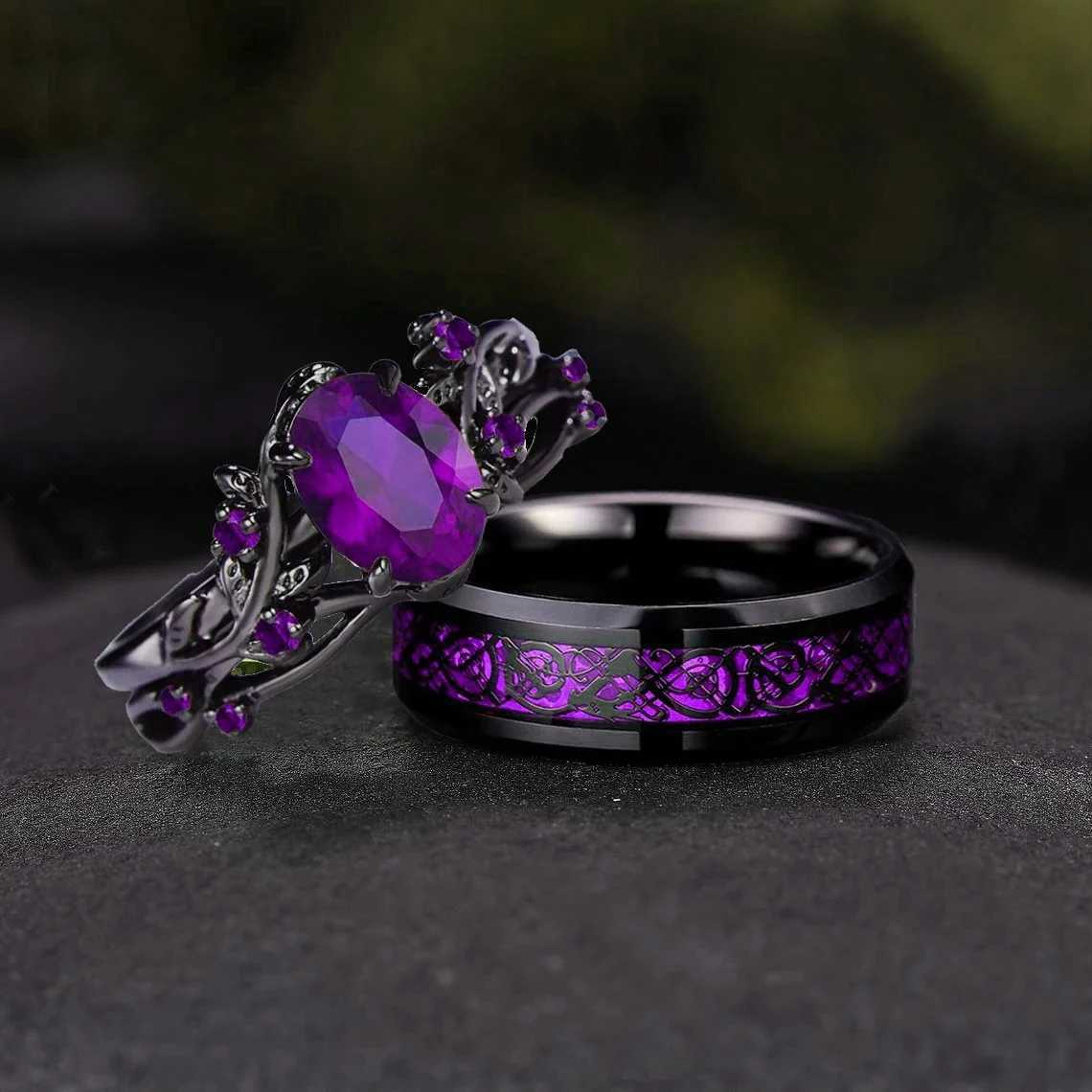 Charm Couple Rings Romantic Women Purple Rhinestones CZ Rings Set Trendy Men Stainless Steel Celtic Dragon Rings Wedding Jewelry W250812