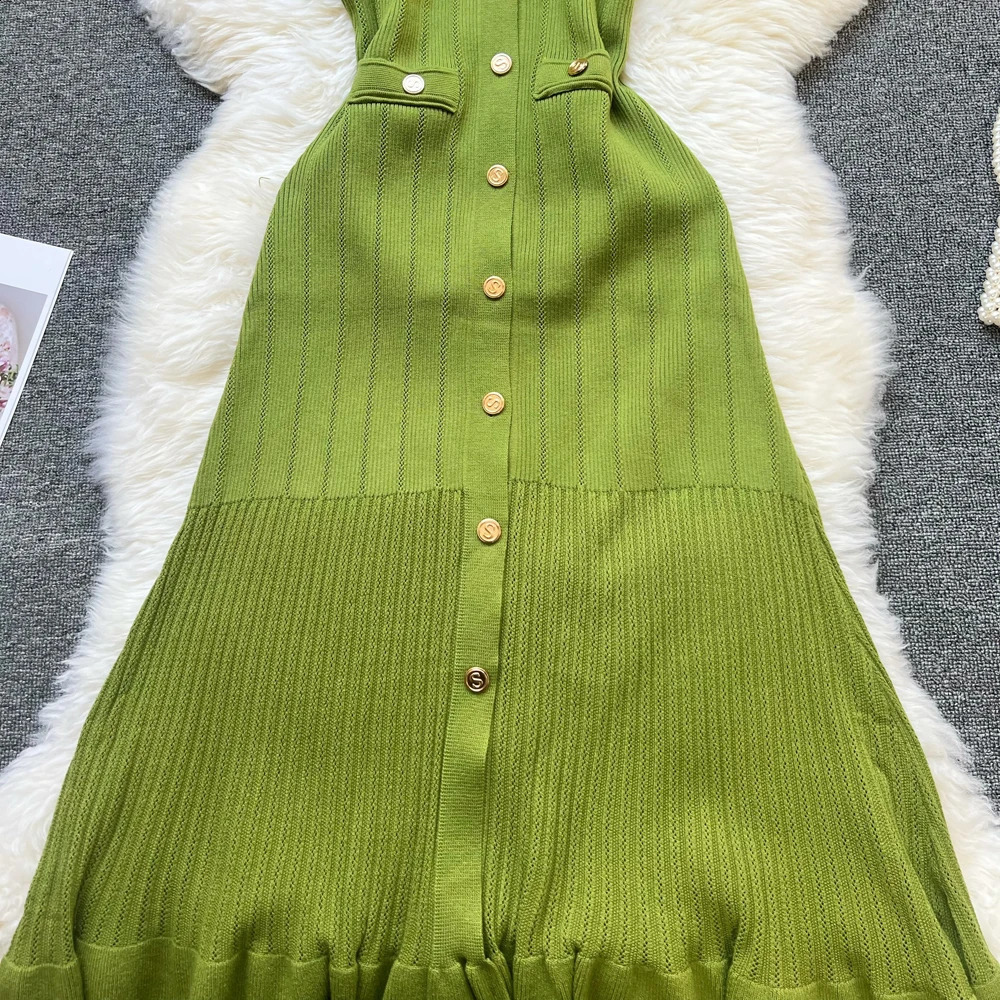 YuooMuoo Fashion Women Summer Knitted Long Dress Elegant French Style Single-breasted Sweater Dress Lady Office Vestiddos 250806