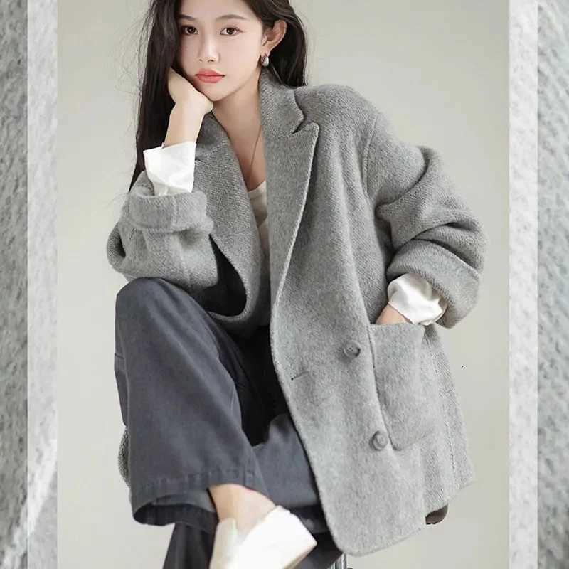 2025 New Womens Woolen Coats Loose Casual Double Breasted Retro Double-sided Jacket Office Lady Outerwear Autumn Winter Z250813