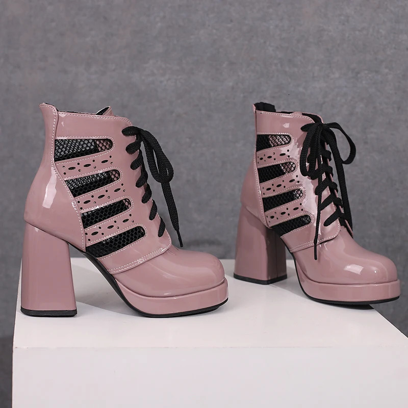 Breathable Mesh Patchwork Glossy Patent Leather Lace Up Womens Short Boots Platform Ultra-High Thick Heel Hollow Ankle Boots 250812
