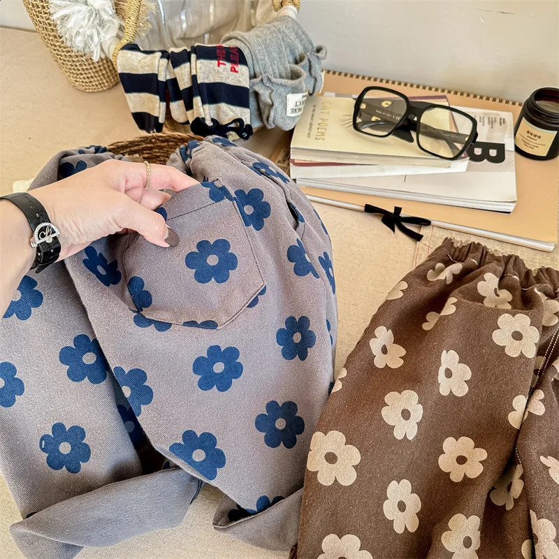 Spring Kids flowers printed casual trousers Boys and girls cotton loose harem pants 250812