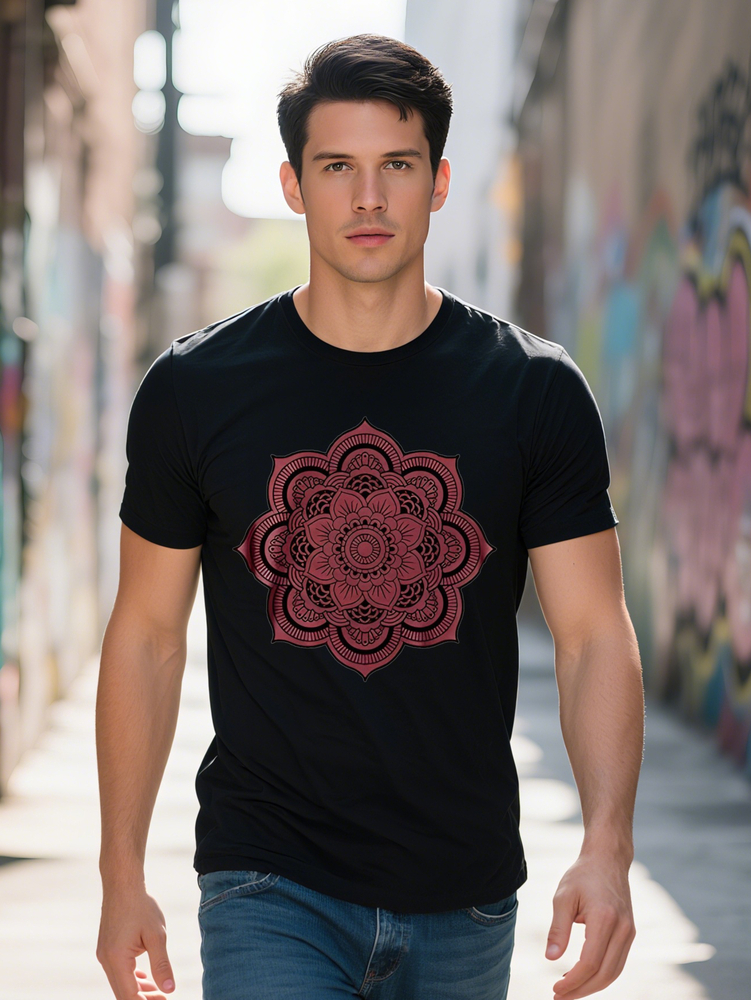Men s Casual Crew Neck T-Shirt with Intricate Red Mandala Print Soft Fabric Short Sleeve Summer Tee Black Ethnic 602a3