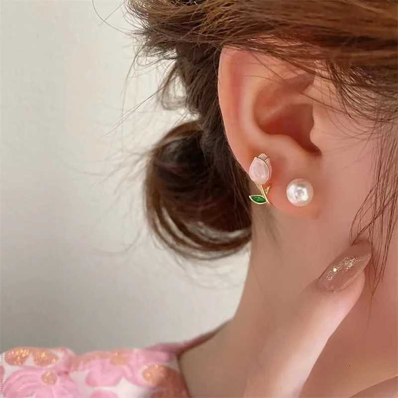 French Light Luxury Pink Tulip Flower Pearl Stud Earrings For Women Korean Zircon Exquisite Earring Party Christmas Jewelry Gift Y250812