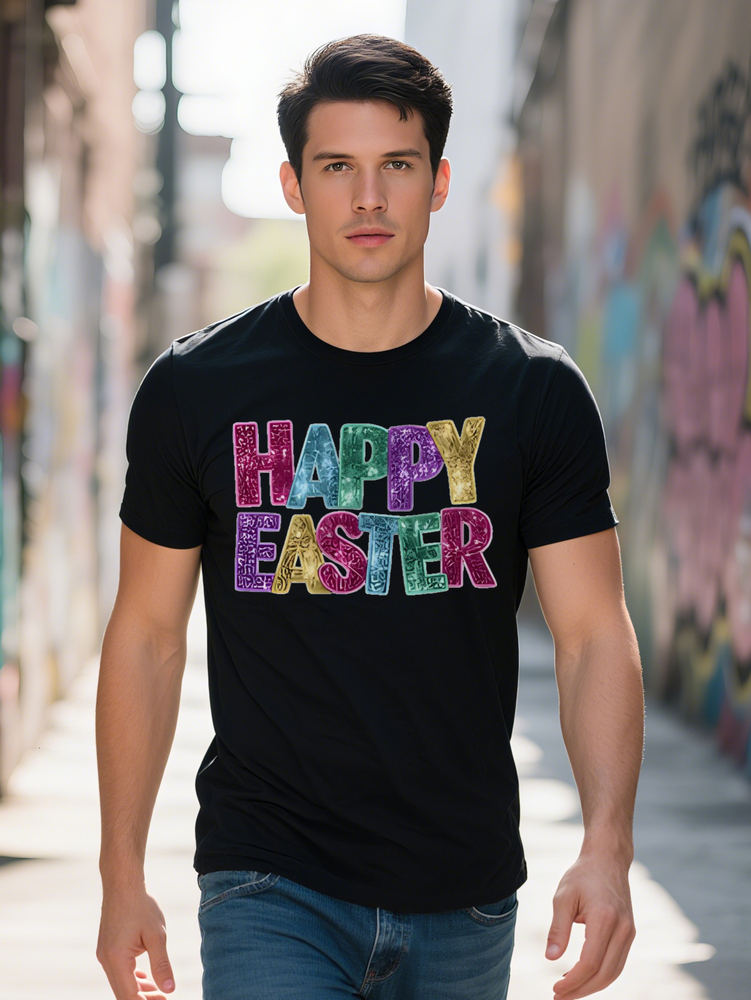 Men s Casual Crew Neck T Shirt Knit Fabric Regular Fit with Happy Easter Print for Summer Tee Shirts