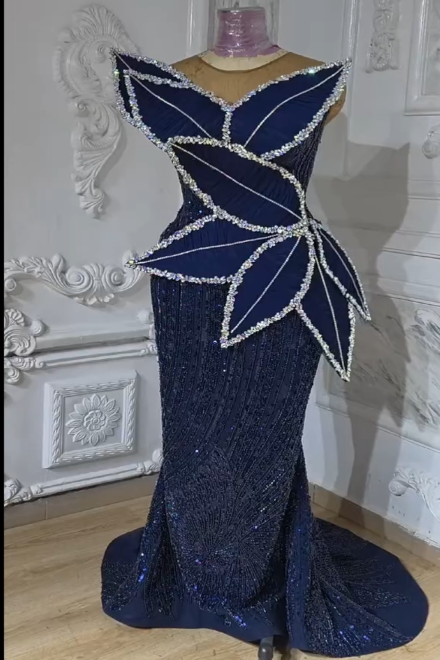 Mermaid Dark Navy Plus Size Prom Dresses 2025 Crystals Florals Sequined Evening Formal Party Second Birthday Engagement Gowns Dress For Special Occasi