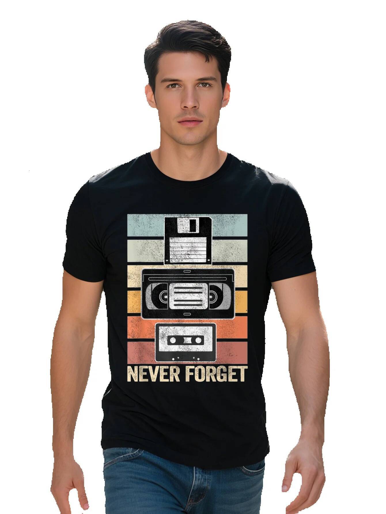 Men g Heavyweight Cotton T Shirt s Retro Cassette VHS Floppy Disk Graphic Tee with Never Forget Design a9faf