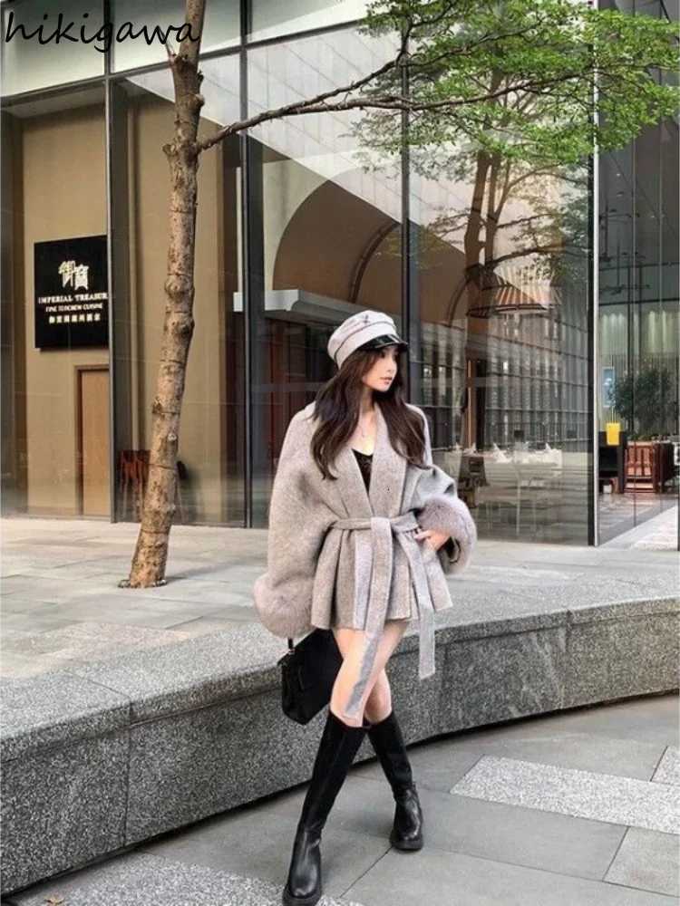 Fashion Coats Women Patchwork Furry Long Sleeve Bandage Outerwear Korean Y2k Clothing Slim Waist Temperament Solid Color Jackets Z250813