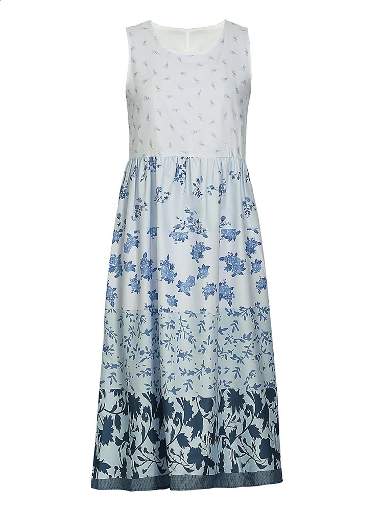 Plus Size Casual Womens Midi Dress 2025 Summer Floral Printed Sleeveless Flat Neck ALine Bohemian Beach Dresses 250804