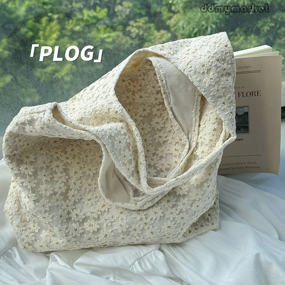 Fresh Style Mesh Flower Single Shoulder Korean Version Ins Blogger Large Capacity Tote Sweet Handheld Canvas Bag Trendy ddmymarket