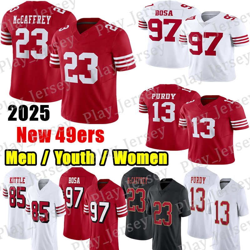 #23 Christian McCaffrey Football Jersey #13 Brock Purdy George Kittle Nick Bosa Fred Warner Jerry Rice Joe Montana Young Mac Jones Brandon Aiyuk Mykel Williams jerseys