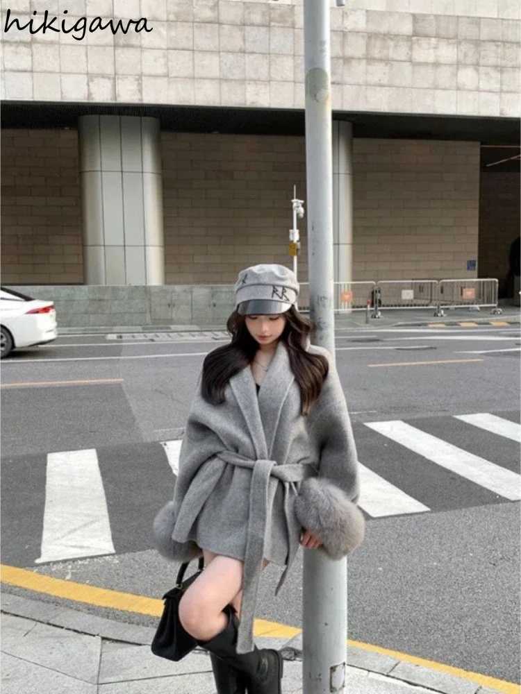 Fashion Coats Women Patchwork Furry Long Sleeve Bandage Outerwear Korean Y2k Clothing Slim Waist Temperament Solid Color Jackets Z250813