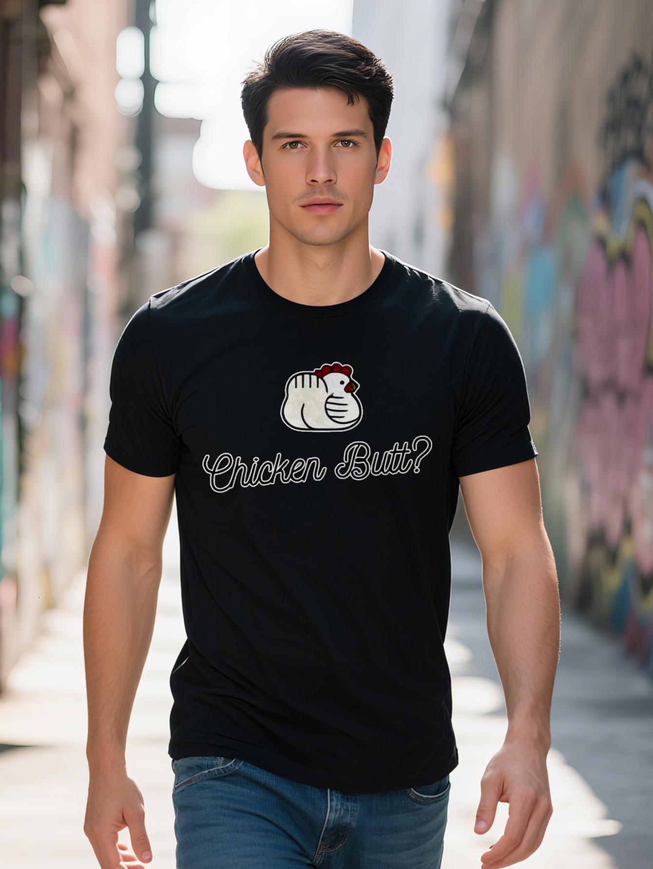 Men s Graphic T-Shirt with Cartoon Santa Hat Chicken Budd Print Black Round Neck Tee Regular Fit Funny Novelty