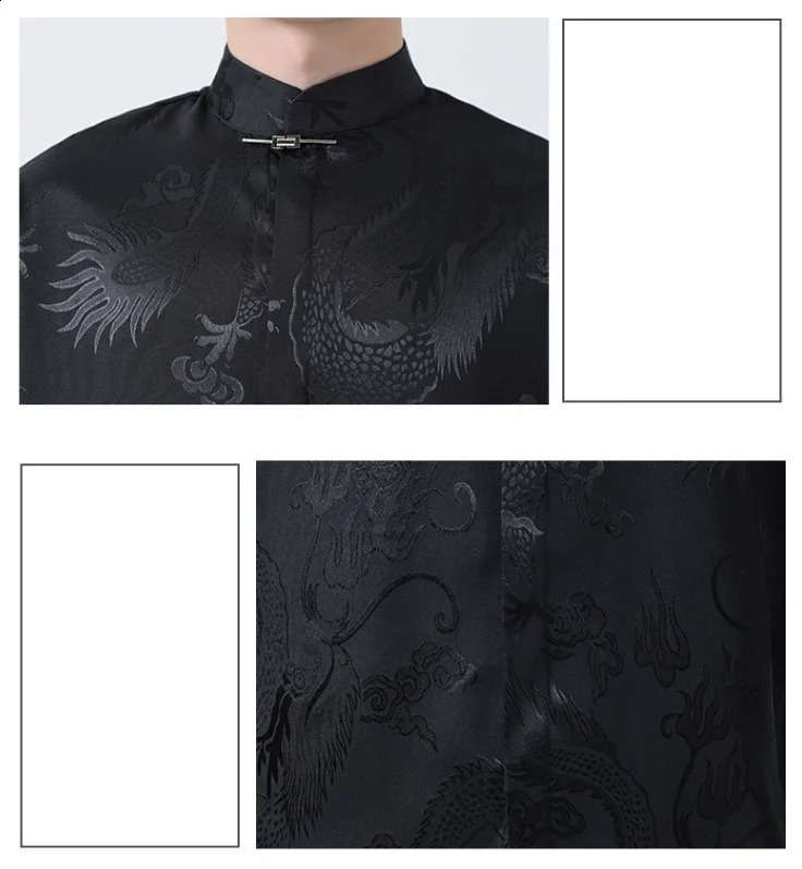 Chinese Style Dragon Printed Ice Silk Shirt For Men Casual Metal Buckle Dull Black Aesthetic Neutral Loosefit 250808