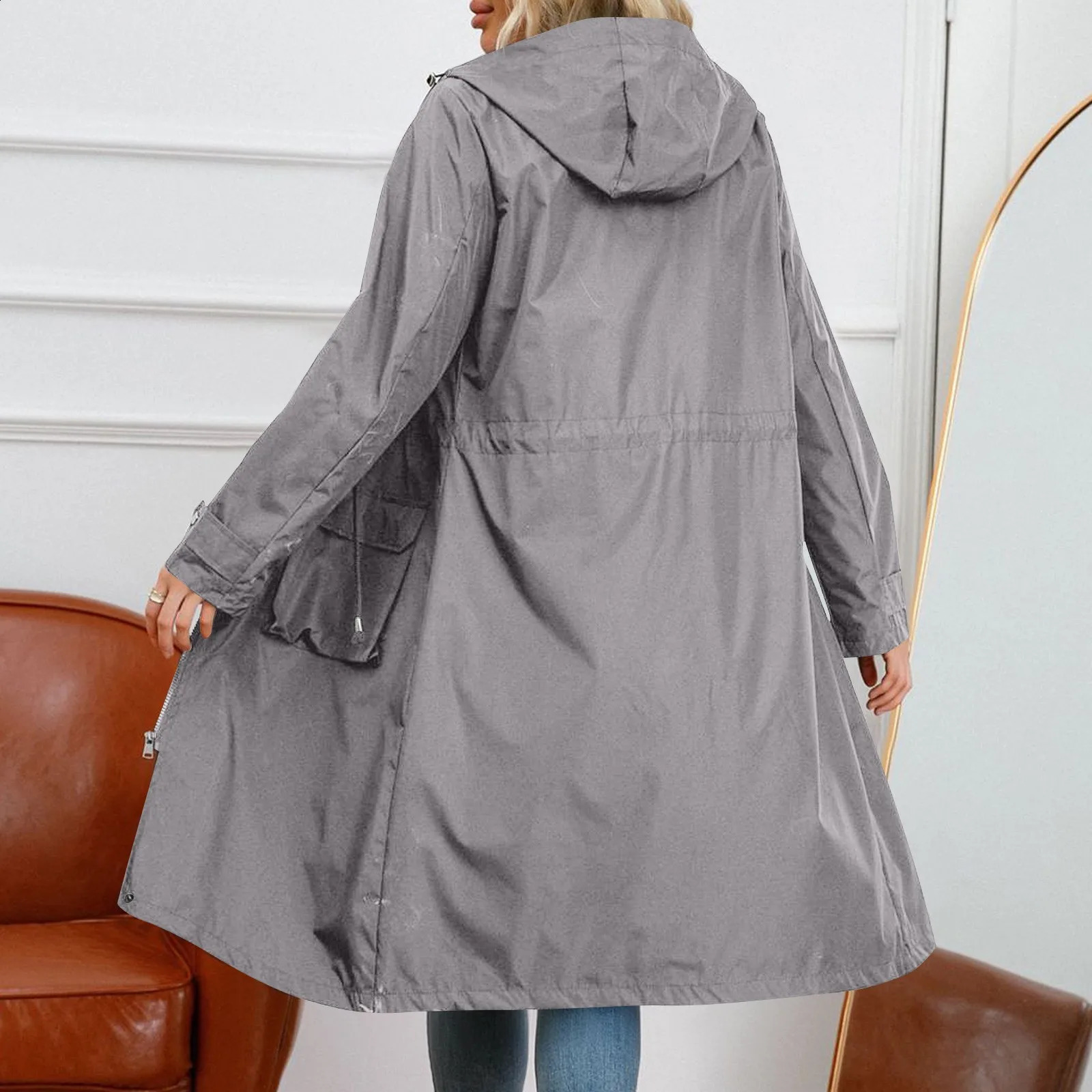 Womens Chic Hooded Long Sleeved Solid Color Trench Coat With Striped And Straight Tube Jacket Elegant British Style Windbreake 250805