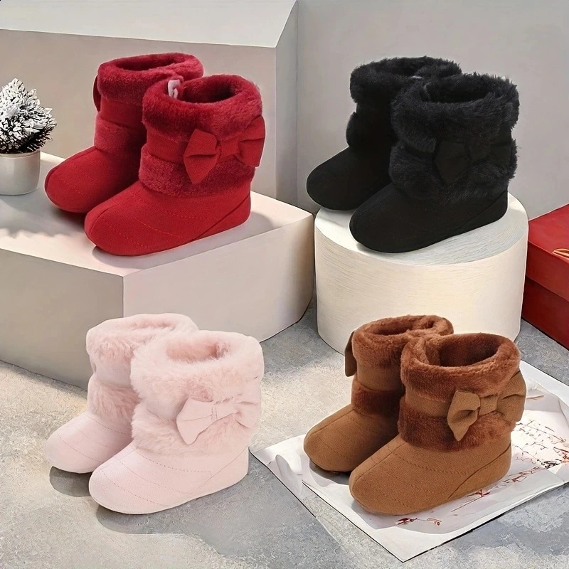 018M baby shoes Girls winter plush comfort snow boots cute bow cotton soft soled nonslip toddler 250812