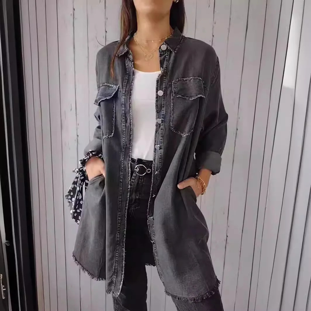 Denim Coat Single Breasted Full Sleeve Jackets Pockets Turn Down Collar Casual Solid Lady Spliced Summer 2025 250811