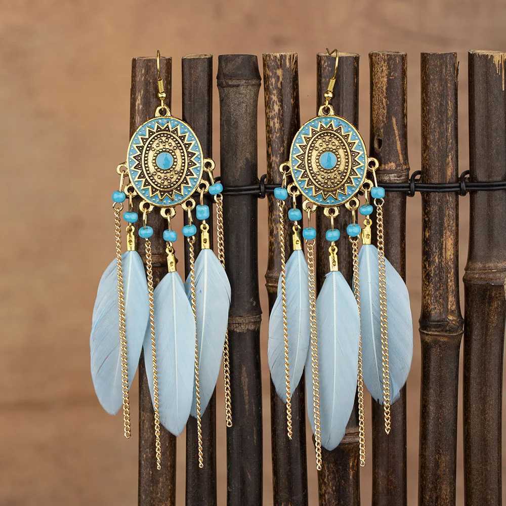 Vintage Ethnic Feather Tassel Earrings For Women Long Fringe Chain Drop Dangling Earrings Female Girls Jewelry Accessories Y250812