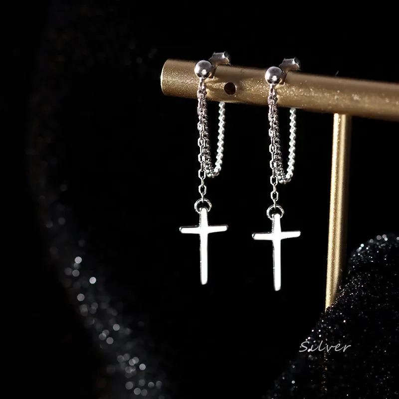 Punk Silver Color Cross Drop Earrings for Women Men Gothic Hip Hop Long Tassel Hanging Earring Jewelry Gift Bijoux 250812