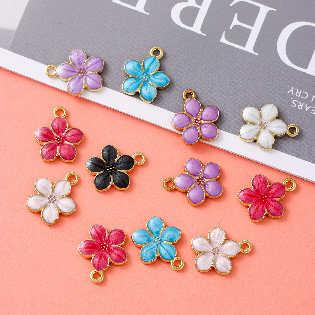 20pcs randomly mixed alloy enamel pendant cherry blossom shaped jewelry making loose bead earrings necklace keychain jewel 250807