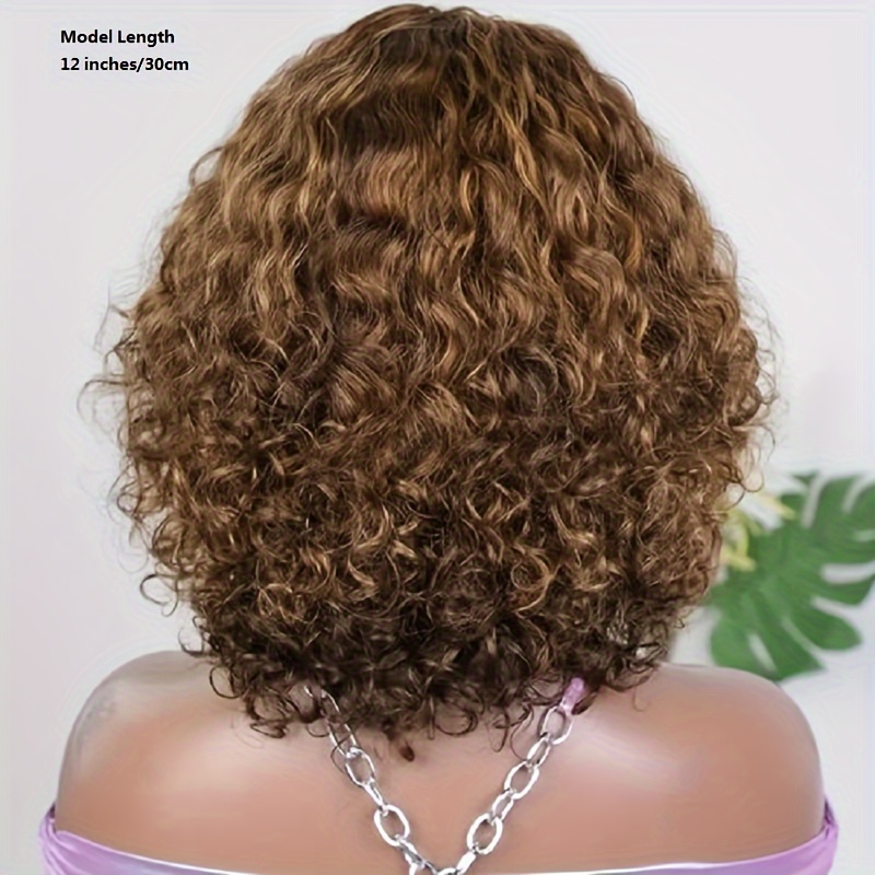 Real Super Double Drawn Short Wigs Glueless Ombre Brown Highlight 4/30 Color Curly Bob Human Hair Wigs with Bangs with Bangs Human Hair None Lace Wigs