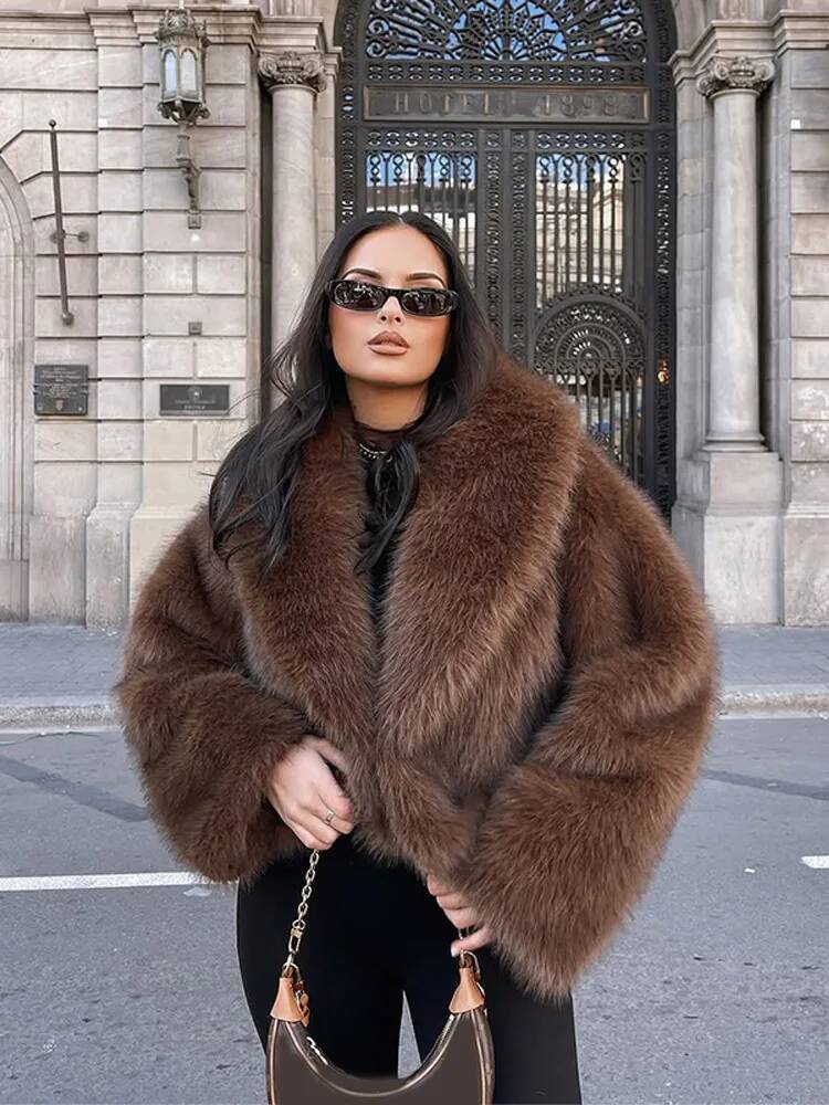 Elegant Brown Fluffy Faux Fur Jacket Autumn Women Fashion Lapel Long Sleeves Short Coats Winter Warm Female Street Outwears