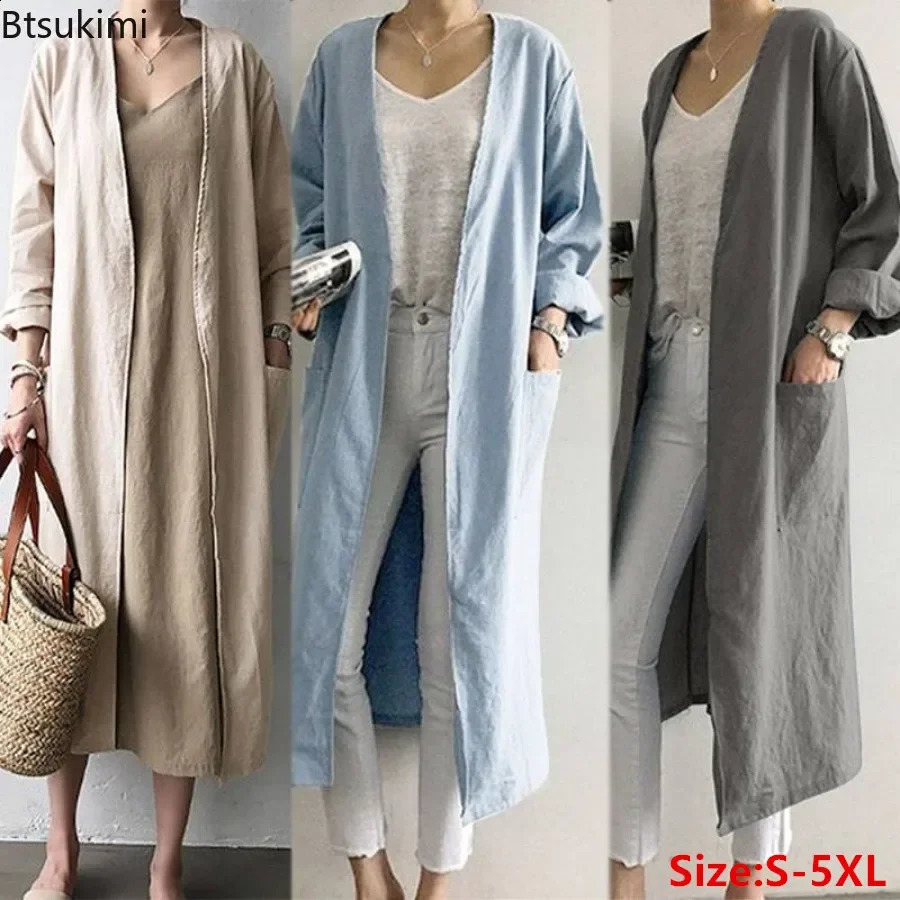 2025 Womens Simple Temperament Cardigan Solid Long Trench Coats Fashion Casual V-neck Kimono Tops Women Long Jackets Robe 250811