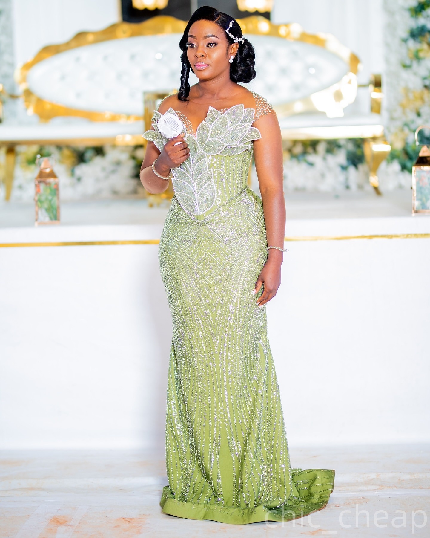 Mermaid Pistachio Prom Dresses 2025 Beaded Flowers Long Sleeves Evening Formal Party Second Birthday Engagement Gowns Plus Size Dress For Special Occa