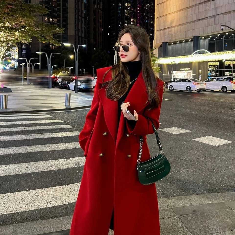 2024 Autumn Winter Female Medium Long Styles Outerwear Korean Ladies Long Sleeves Woolen Top Women Solid Color Wool Blend Jacket Z250813