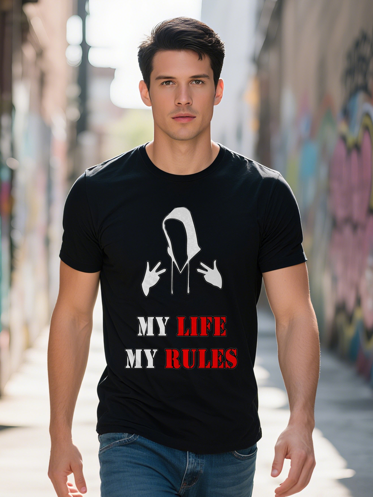 Men s Graphic T Shirt LIFE MY RULES Bold Print Hooded Figure Design Black Casual Short Sleeve Summer Tee Regular Fit