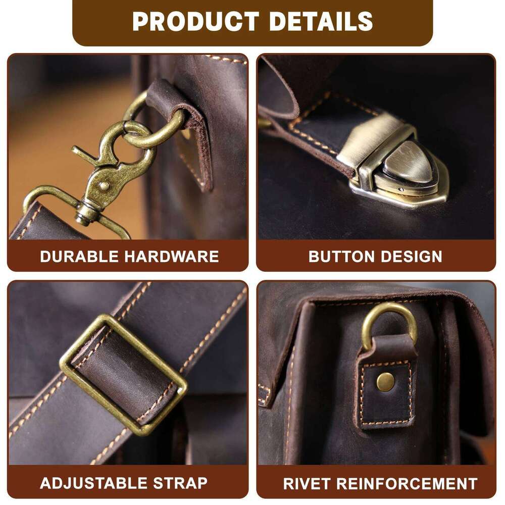 Vintage Genuine Men's Briefcase 16" Laptop Bags Crazy Horse Leather designer Sac homme Messenger Handbag Cowhide Idea Gift For Men