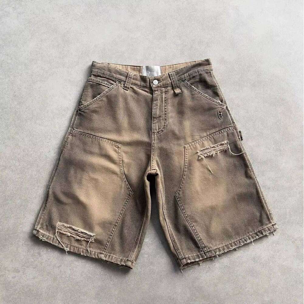 American European Men's Vintage Print Mid-Waist High-Waist Light-Colored Wash Embroidery Oversized Denim Shorts for Summer