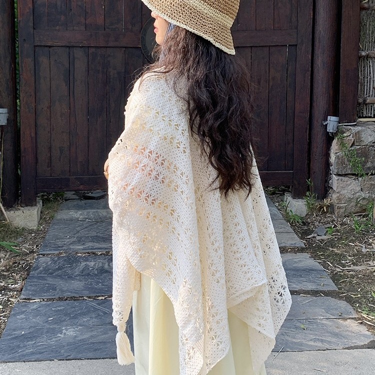 K1647 Summer air-conditioned room office knitted shawl women's outer wear hollow tassel fashionable cheongsam white cape cloak thin section