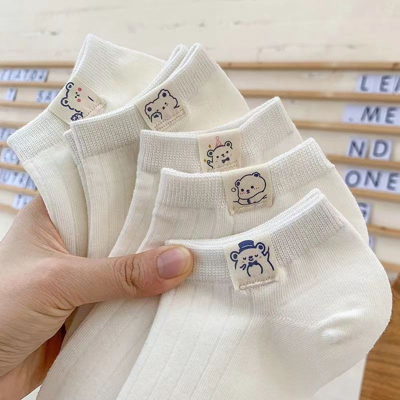 Women with Fabric Label, Thin Pure White Short Internet Celebrity Socks, Cute Low-Cut Boat Socks for Summer