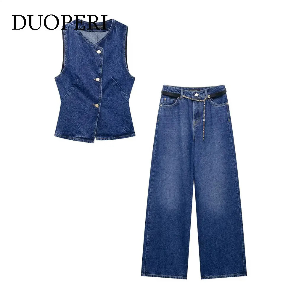 DUOPERI Women 2 piece sets Denim Waistcoat V-Neck Sleevele and Wide Leg Denim Long Trousers Suits Female Chic Lady Casual Outfit 250806