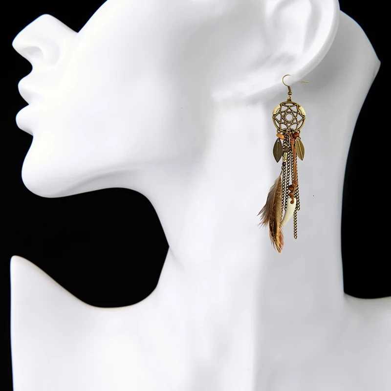 Boho Ethnic Dream Catcher Feather Antique Long Hook Earrings Fancy Handmade Chain Tassle Earring For Women Jewelry Y250812