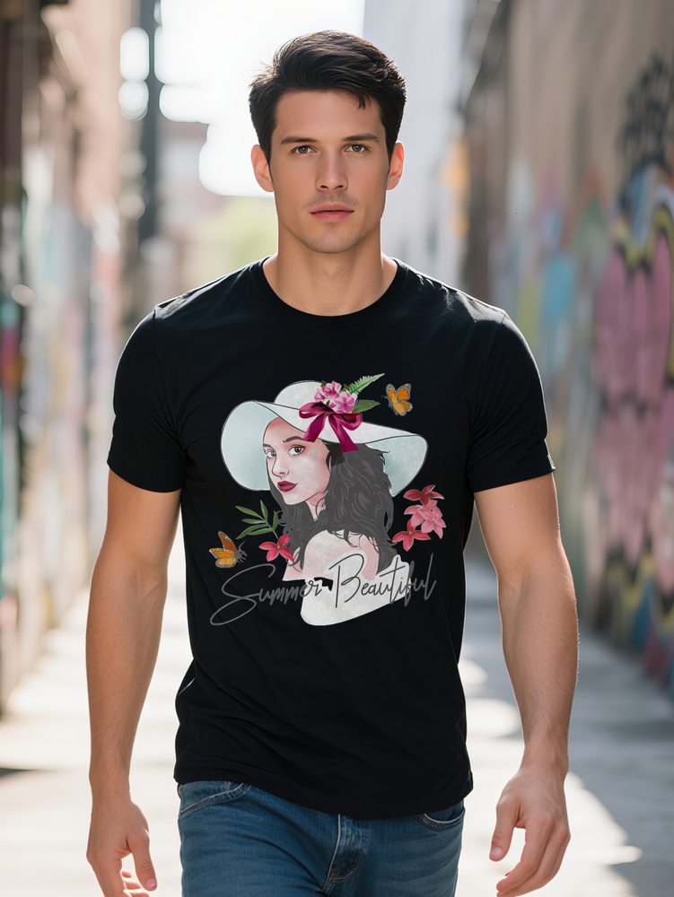 s Crew Neck T Shirt with Vibrant D Floral Black Perfect Gift for Men Summer Casual Wear Playful Print Tee