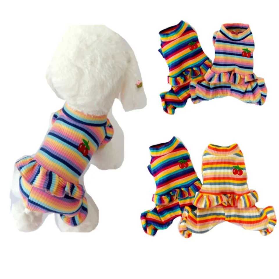 Rainbow Strip Puppy Clothes Cherry Pattern Dog Hoodies Jumpsuit Princess Pajamas Small Medium Dogs Yorkshire Pet Cat Pajamas XJ250813