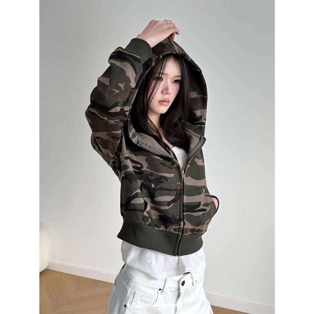 Women's Camouflage Sweatshirt Jacket Regular Shoulder Hooded Top Winter Petite Hoodie