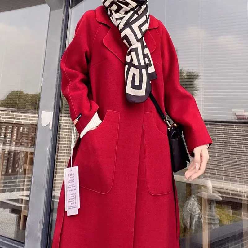 2025 Fall Winter Jacket Ripple Double-sided Wool Cashmere Coat Bathrobe Style Windbreaker Women Belt Long Thick Warm Z250813
