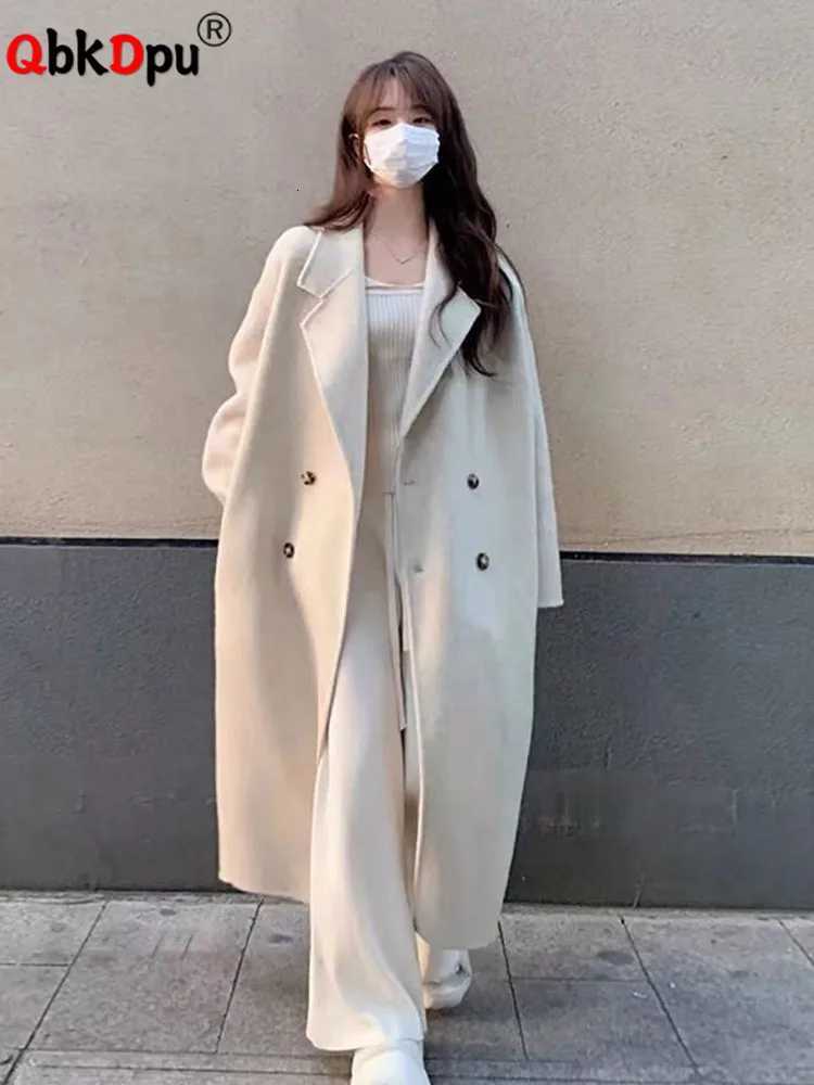 Warm Mid Length Loose Wool Blend Coat Korean Women New Unlined Overcoat Fall Winter Solid Double Breasted Parka Jacket Z250813