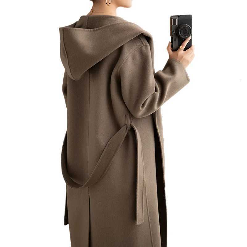 Hot Sale Women Hooded Wool Coat Pure Color Hoodie Woolen Overcoat Big Collar Jacket Cashmere Lace-up Fashion Cloak With Belt Z250813