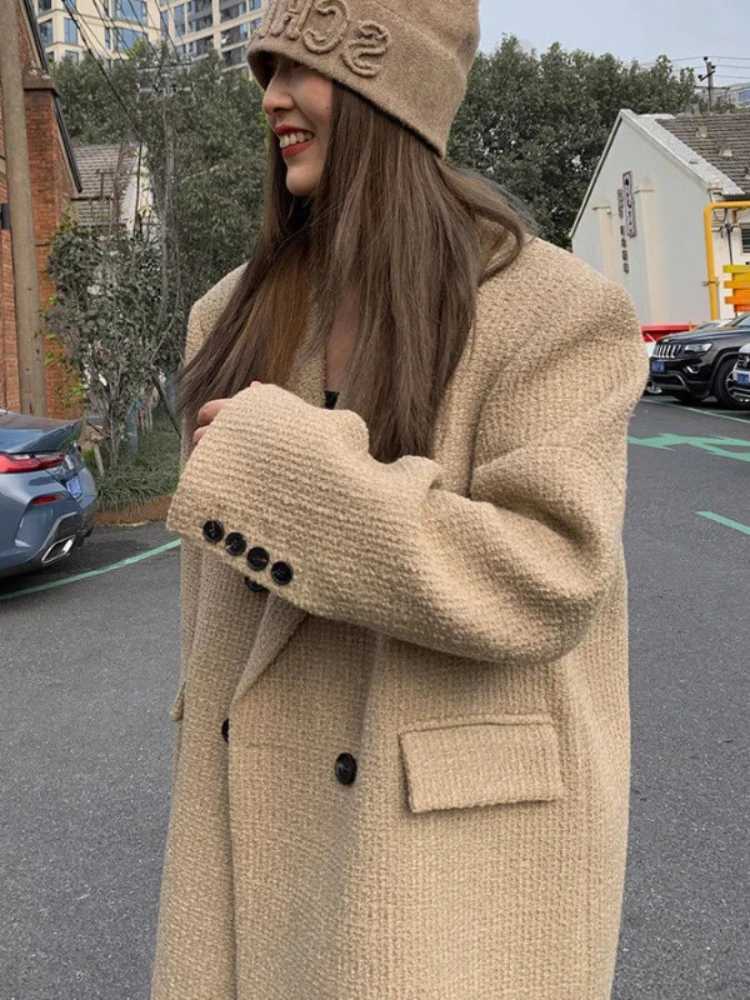 UNXX Small Fragrant Style Coarse Woolen Suit Jacket Retro Casual Solid Color Loose Double Breasted Woolen Blazer Coat Womens Z250813