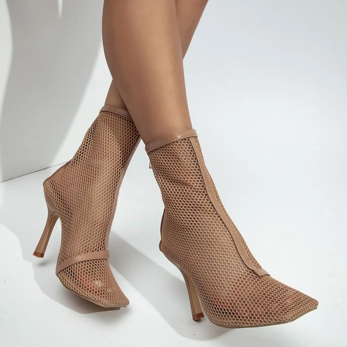 Xibeilove 2025 Fashion Women Ankle Boots Sexy Square Headed Mesh Zipper Green High Heel Breathable Party Ball Shoes 250812