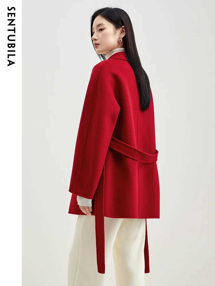 SENTUBILA Red Wool Wrap Coats for Women 2024 Winter Clothes Double Faced 100% Wool Loose Warm Jacket Female Outerwear W44O58458X Z250813