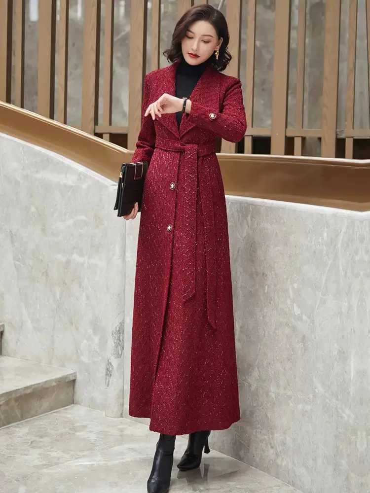 New Autumn Winter Woolen Overcoat For Women Elegant Fashion Turn-down Collar Single Breasted Bright Silk Wool Blended Coat Z250813