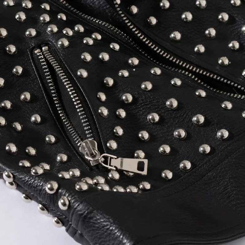 Black Cropped Leather Jacket Women 2025 Trend Punk Style Slim-fit Zipper Short Streetwear Printed Studded Motorcycle Jackets 250811